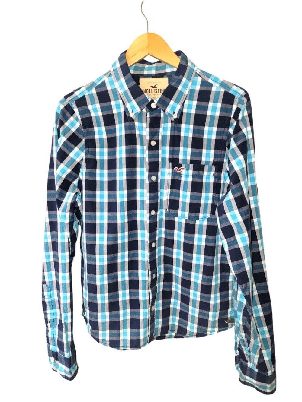 Hollister Men's Blue White Plaid Button Up Shirt Cotton Casual Logo Size L - Picture 2 of 5